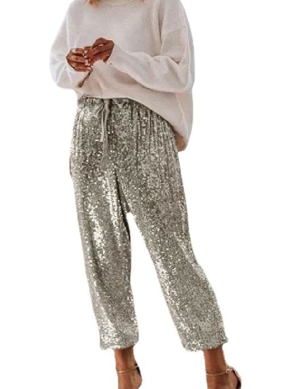 Sequin Drawstring Ankle Pants in Silver